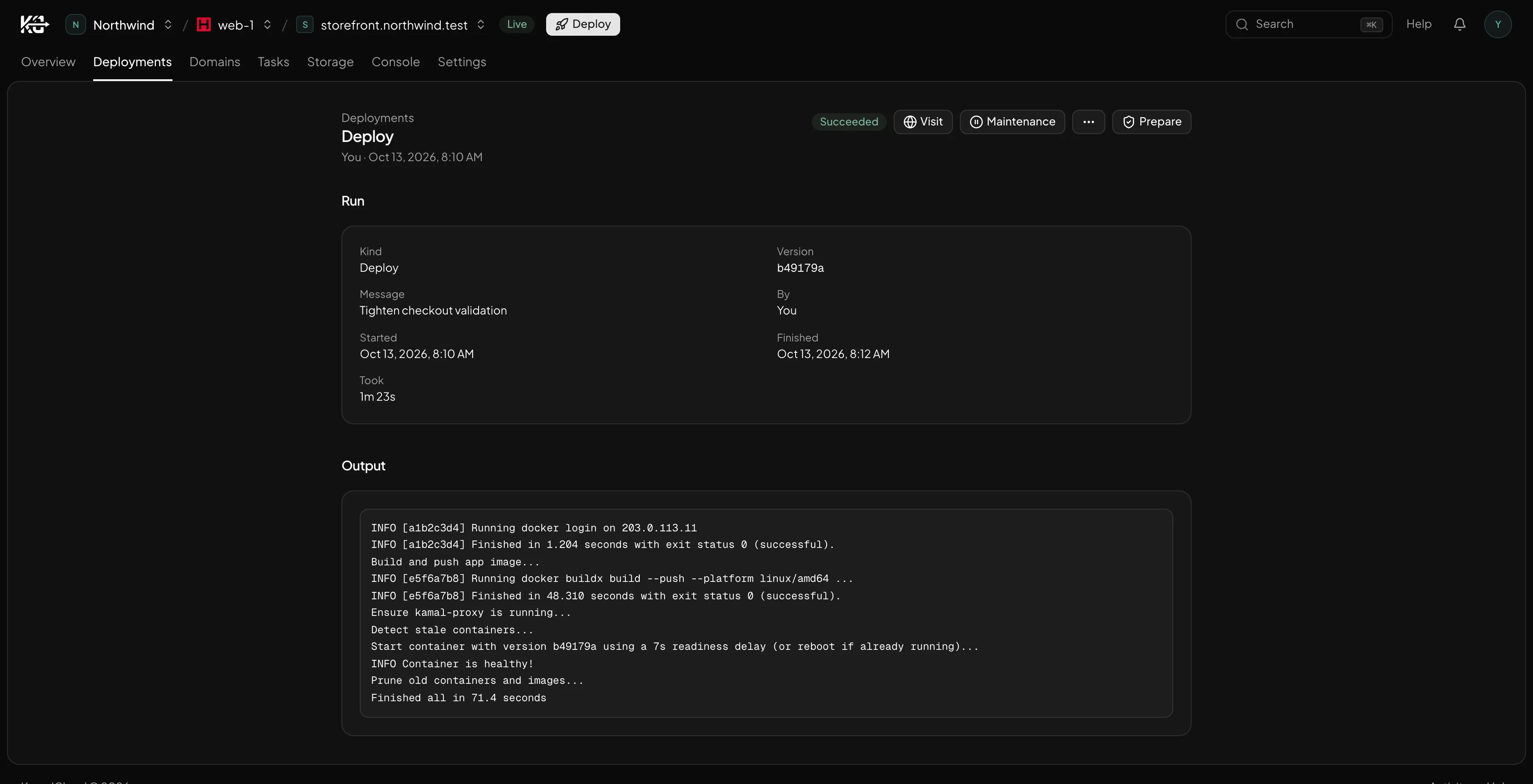 A deploy run, with the output showing KamalCloud writing config/deploy.production.yml and Kamal building and booting the image.