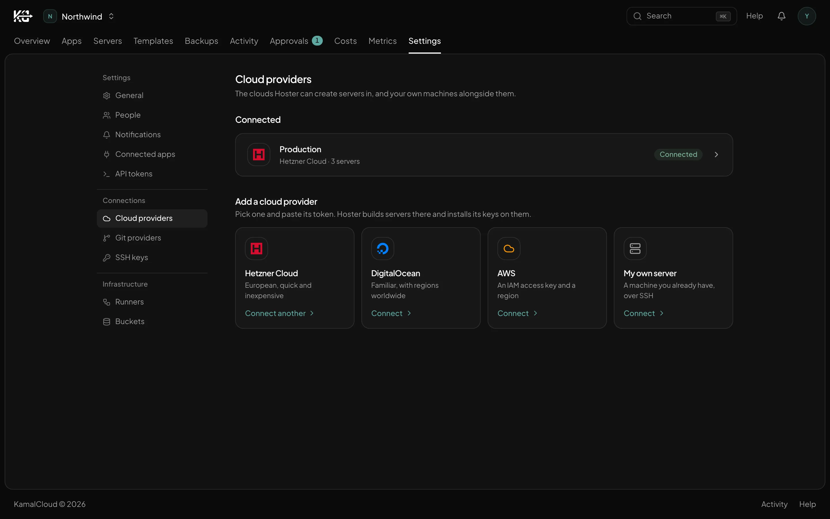 KamalCloud's providers screen: Hetzner connected with six servers, DigitalOcean and AWS waiting for a token, and own hardware alongside them.